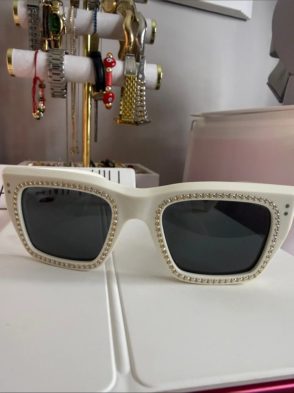 Celine White Rectangular Sunglasses with Crystal Trim and Dark Lenses